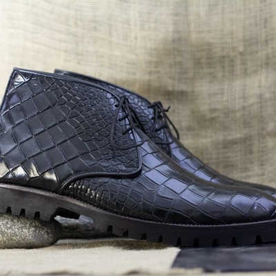  men's black alligator print laceup chunky sole handmade leather boot