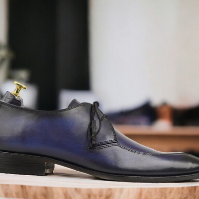 Blue leather laceup dress shoes handpainted men's