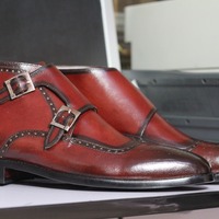 Handmade Burgundy Double Buckle Brogue Men's Leather Boot - Thumbnail 1