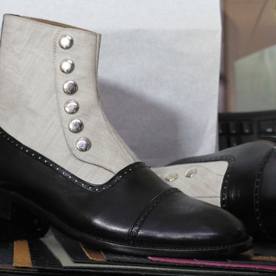  men's two tone leather & cotton button handmade ankle boot