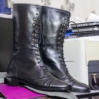  Men's Black Leather Lace Up Cap Toe Handmade Long Ankle Boot - Thumbnail 1