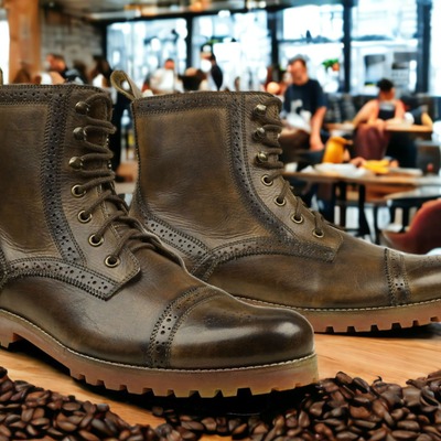 Handpainted men's brown leather laceup cap toe ankle boot