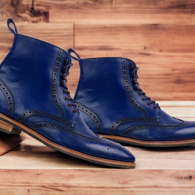 Men's blue leather lace up wing tip brogue handpainted boot