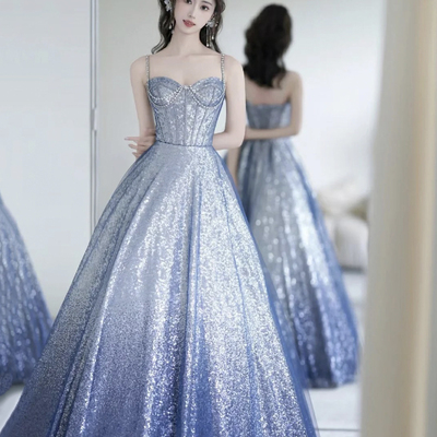 Blue spaghetti strap sequins long prom dress - Thumbnail 1