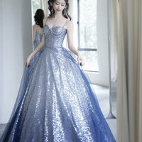 Blue Spaghetti Strap Sequins Long Prom Dress - Thumbnail 1
