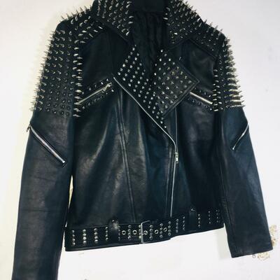 Crafted leather handmade men's silver studded brando black cowhide leather jacket - Thumbnail 4