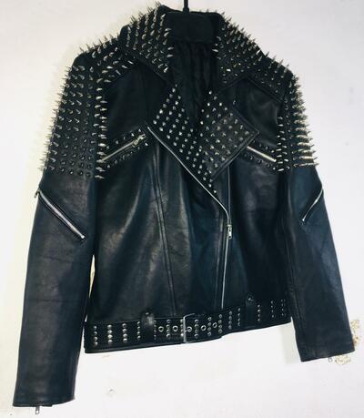 Crafted Leather Handmade Men's Silver Studded Brando Black Cowhide Leather Jacket