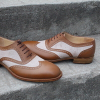 Crafted Leather Brown Leather and Tweed Contrast Wingtip Oxford Dress Shoes  - Thumbnail 1