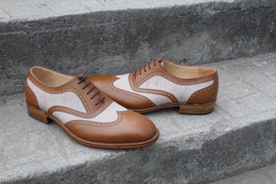 Crafted Leather Brown Leather and Tweed Contrast Wingtip Oxford Dress Shoes 