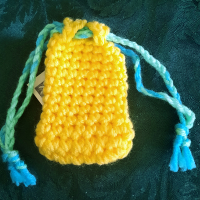 Pouch -  yellow with variegated blue & green tie