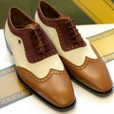 Maroon beige brown three tone casual dress genuine leather lace up shoes