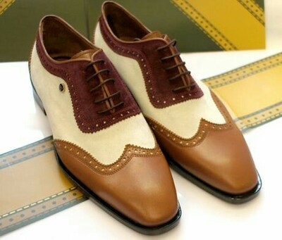 Maroon Beige Brown Three Tone Casual Dress Genuine Leather Lace Up Shoes