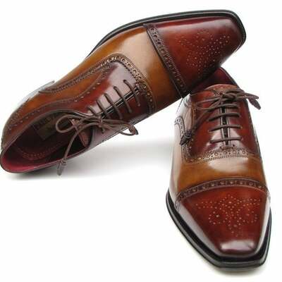 New handmade men's cap-toe oxfords - camel  red shoes - Thumbnail 2