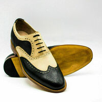 Men's Handmade Shoes Leather Two-Tone Oxford Brogue Formal Wingtip Lace Up Boots - Thumbnail 1