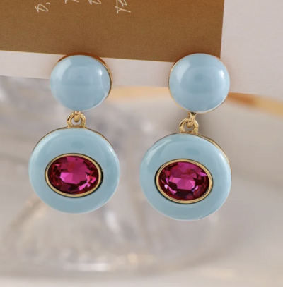 Chunky Blue Drop Earrings with Pink CZ accent stone