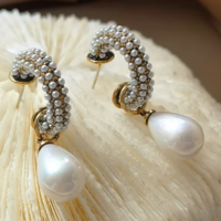 Half Hoop Tear Drop Pearl Earrings  - Thumbnail 1