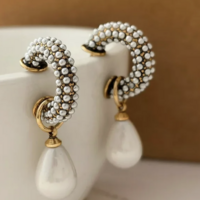 Half Hoop Tear Drop Pearl Earrings  - Thumbnail 6
