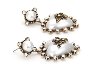 Valentines Day Heart Bee Earrings White and Vintage gold look