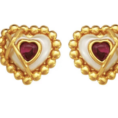Red cz goldtone heart valentines earrings