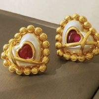 Red CZ Goldtone Heart Valentines Earrings - Thumbnail 2