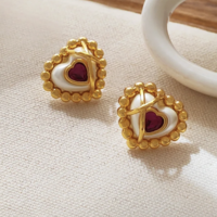 Red CZ Goldtone Heart Valentines Earrings - Thumbnail 3