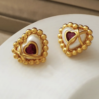 Red CZ Goldtone Heart Valentines Earrings - Thumbnail 4