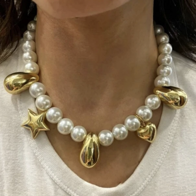 Pearl and gold charm necklace 
