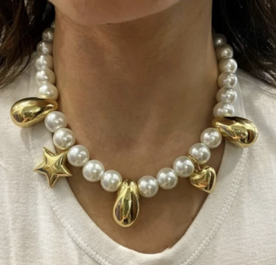 Pearl and Gold Charm Necklace 