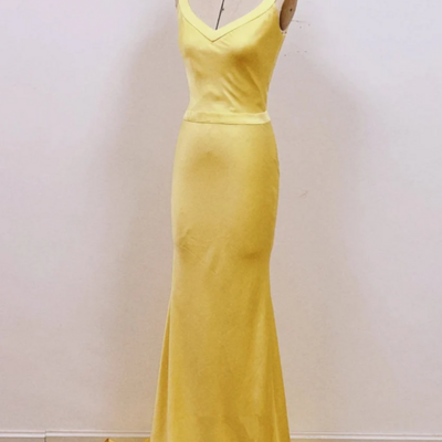Chic yellow satin mermaid long prom dress, yellow low back party dress kpp1766