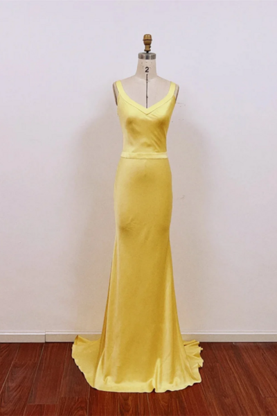 Chic Yellow Satin Mermaid Long Prom Dress, Yellow Low Back Party Dress KPP1766