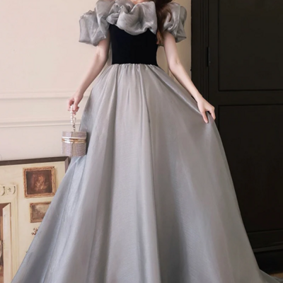 Gray tulle and black velvet long prom dress, off the shoulder evening party dress kpp1767