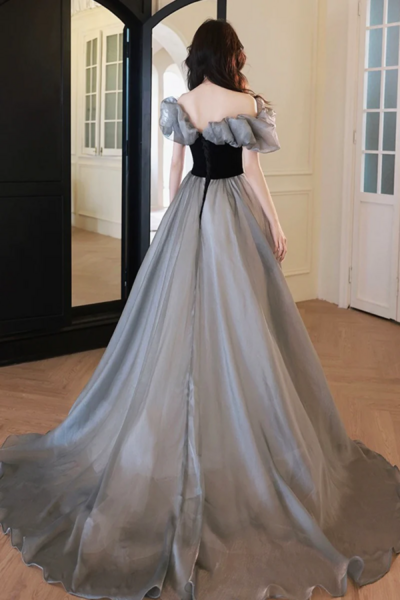 Gray Tulle and Black Velvet Long Prom Dress, Off the Shoulder Evening Party Dress KPP1767