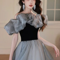 Gray Tulle and Black Velvet Long Prom Dress, Off the Shoulder Evening Party Dress KPP1767 - Thumbnail 2