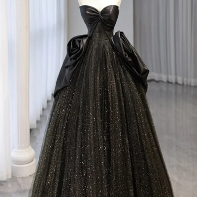 Black shiny tulle a line prom dress, black unique evening dress kpp1768