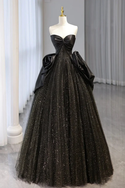 Black Shiny Tulle A Line Prom Dress, Black Unique Evening Dress KPP1768