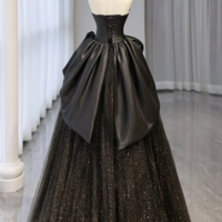 Black Shiny Tulle A Line Prom Dress, Black Unique Evening Dress KPP1768 - Thumbnail 1