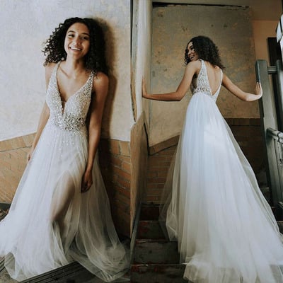 Sparkly v neck prom dresses with beading - Thumbnail 1