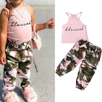 Toddler girls sporty blessed sleeveless pink shirt and camouflage pants 2pc set