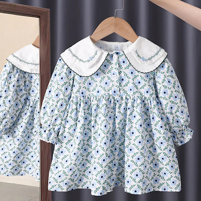 Baby girls blue floral print long sleeve spring casual princess dress easter free shipping 