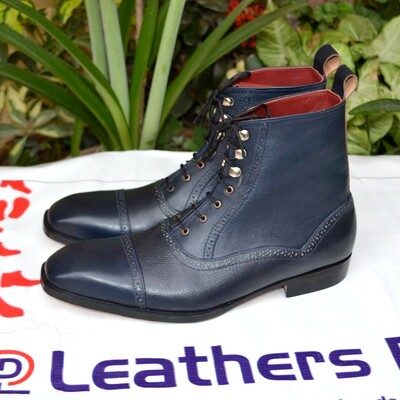 Crated leather handmade blue ankle high lace up dress boot for men - Thumbnail 4