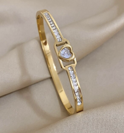 Heart CZ Gold tone Bangle 