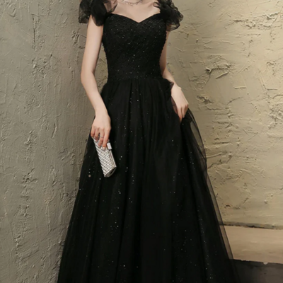Black tulle sweetheart long party dress, black beaded tulle formal dress prom dress kpp1769