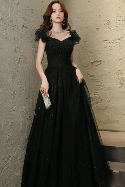 Black Tulle Sweetheart Long Party Dress, Black Beaded Tulle Formal Dress Prom Dress KPP1769