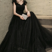 Black Tulle Sweetheart Long Party Dress, Black Beaded Tulle Formal Dress Prom Dress KPP1769 - Thumbnail 1