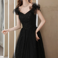 Black Tulle Sweetheart Long Party Dress, Black Beaded Tulle Formal Dress Prom Dress KPP1769 - Thumbnail 2