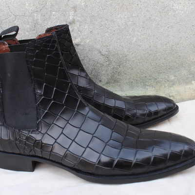 Crafted leather men black crocodile texture leather chelsea boot - Thumbnail 3