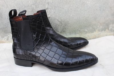 Crafted Leather Men Black Crocodile Texture Leather Chelsea Boot