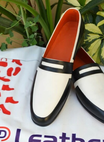 Classic Black White Loafers Handmade Formal Dress Moccasin Shoes