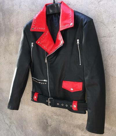 Black Red Leather Men Fashion Biker Studded Motorcycle Jacket