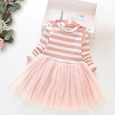 Baby toddler girls pink and whtie striped pearl and bow trim princess tutu dress free shipping